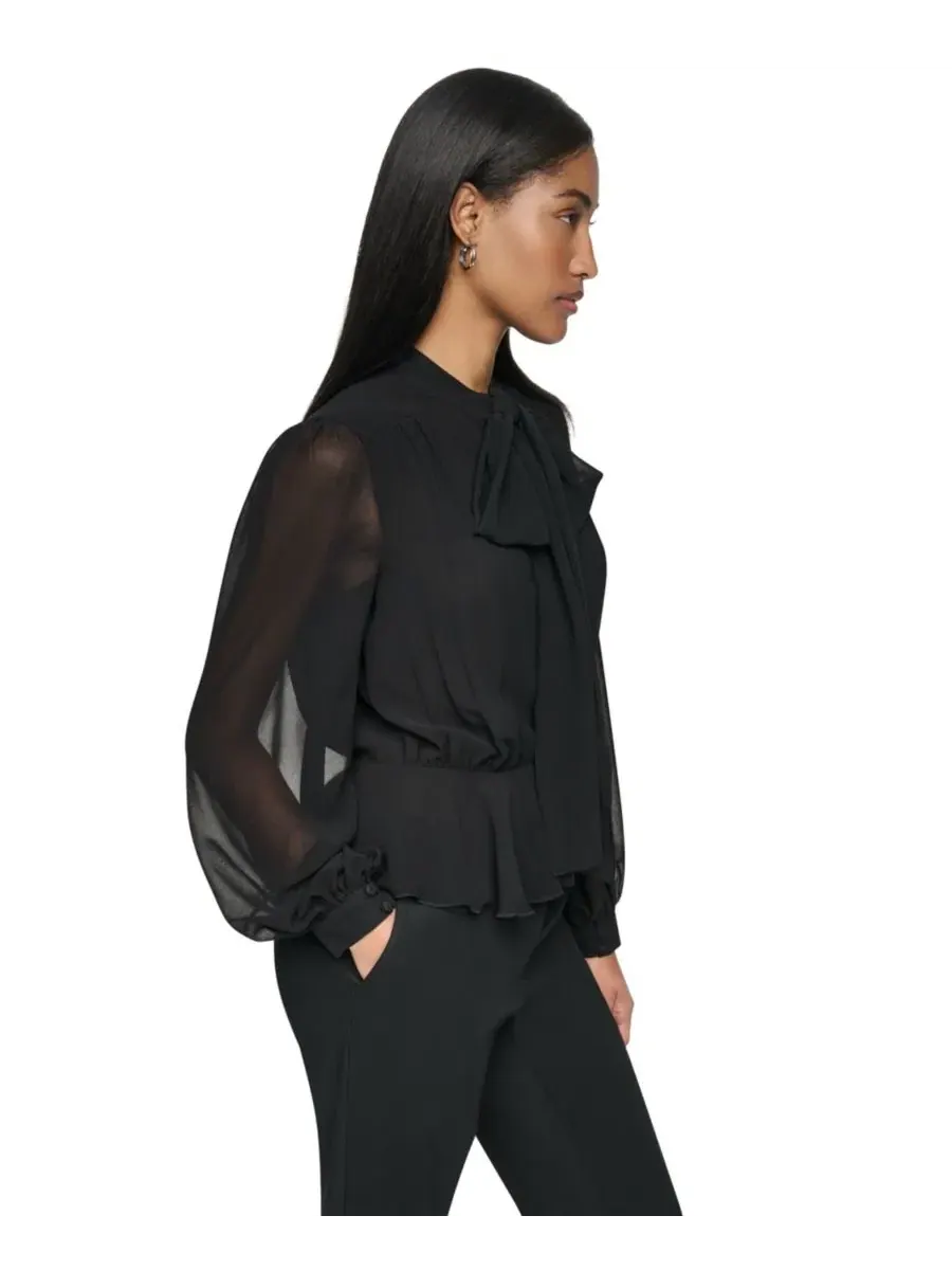 Блуза с галстуком и пеплумом DKNY — изображение 3 из 8, черный