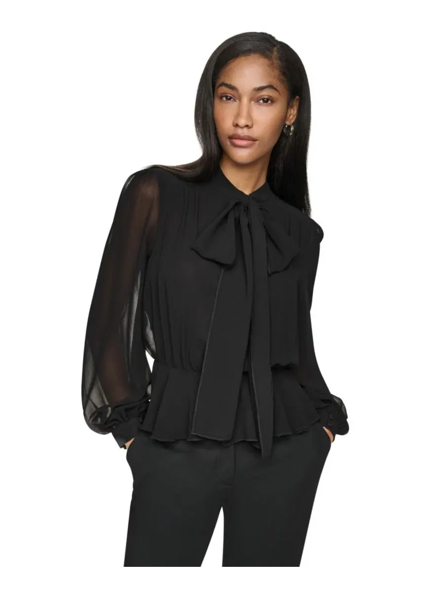 Блуза с галстуком и пеплумом DKNY — изображение 4 из 8, черный