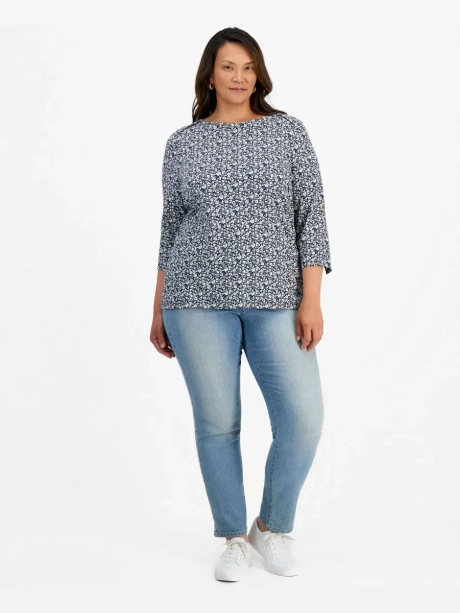 Блуза с цветочным принтом, с рукавом 3/4 и лодочкой Style & Co — изображение 3 из 3, синий