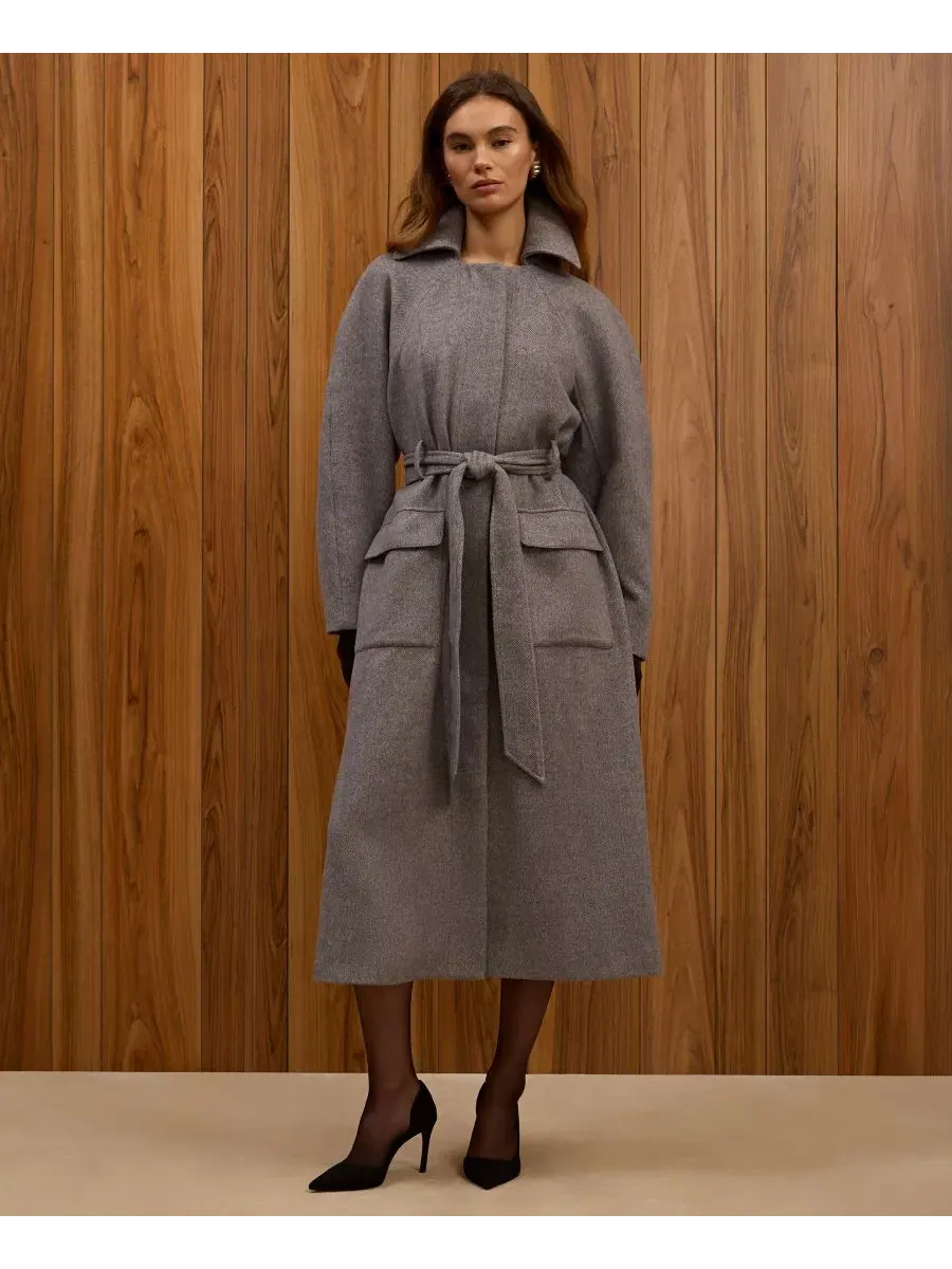 Пальто-тренч с поясом Gabriella Twill Belted Relaxed Coat French Connection — изображение 6 из 8, серый мульти