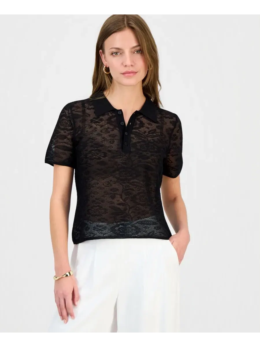 Блуза с коротким рукавом и жаккардовым узором Petite Collared Jacquard Top I.N.C. International