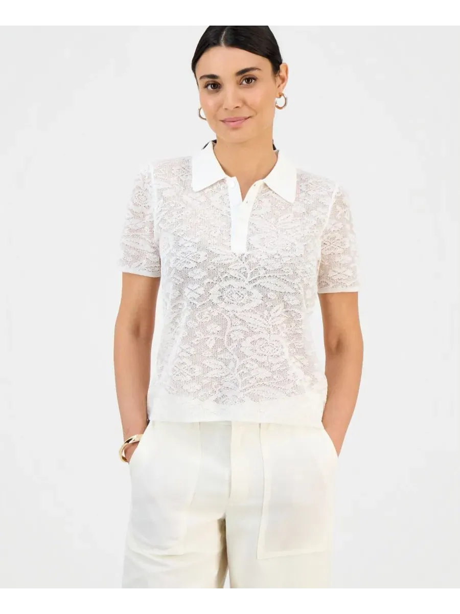 Блуза с воротником и коротким рукавом, модель Petite Collared Jacquard Top I.N.C. International