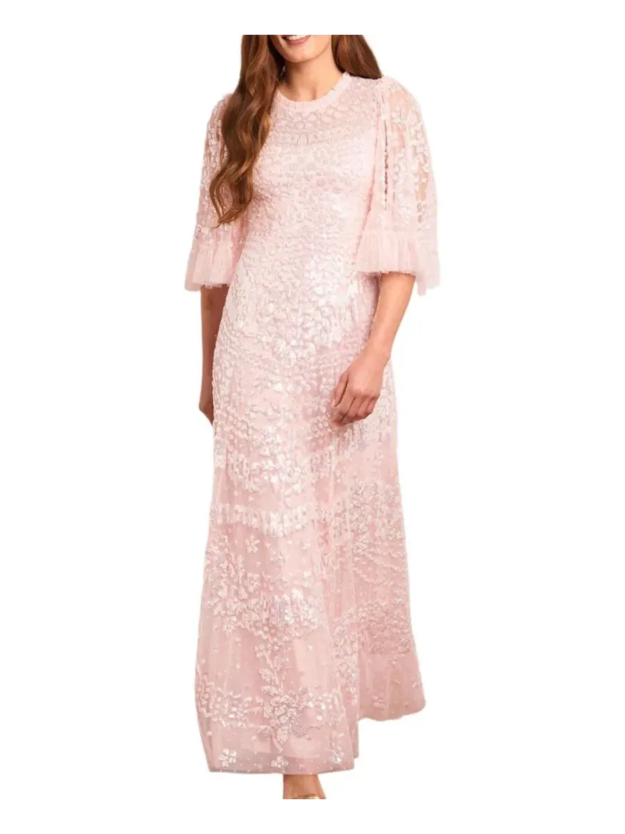 Платье макси с блестками Anais Sequin 3/4 Sleeve Maxi Gown Needle & Thread — белый