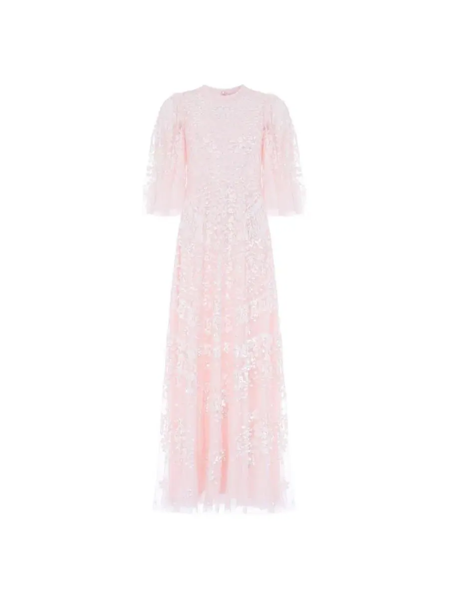 Платье макси с блестками Anais Sequin 3/4 Sleeve Maxi Gown Needle & Thread — изображение 3 из 7, перламутр