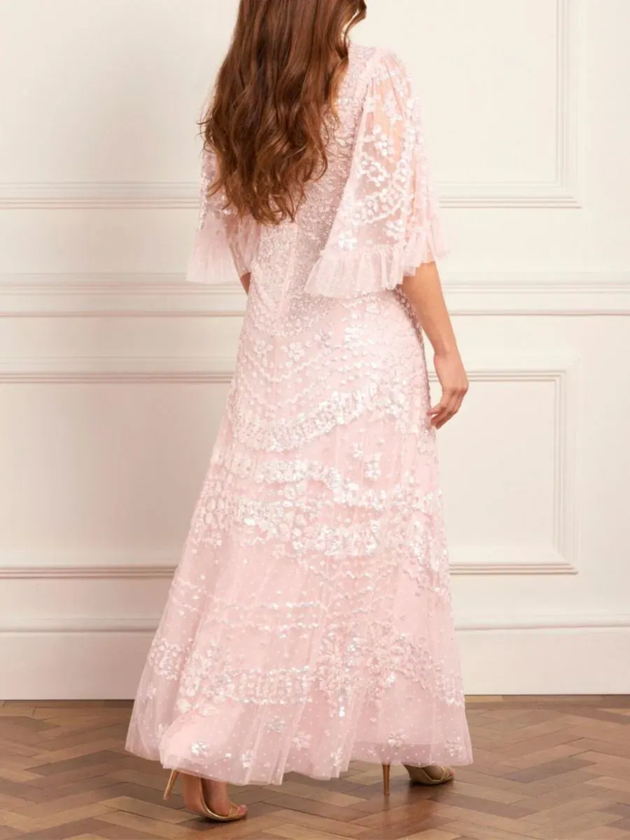 Платье макси с блестками Anais Sequin 3/4 Sleeve Maxi Gown Needle & Thread — изображение 4 из 7, перламутр