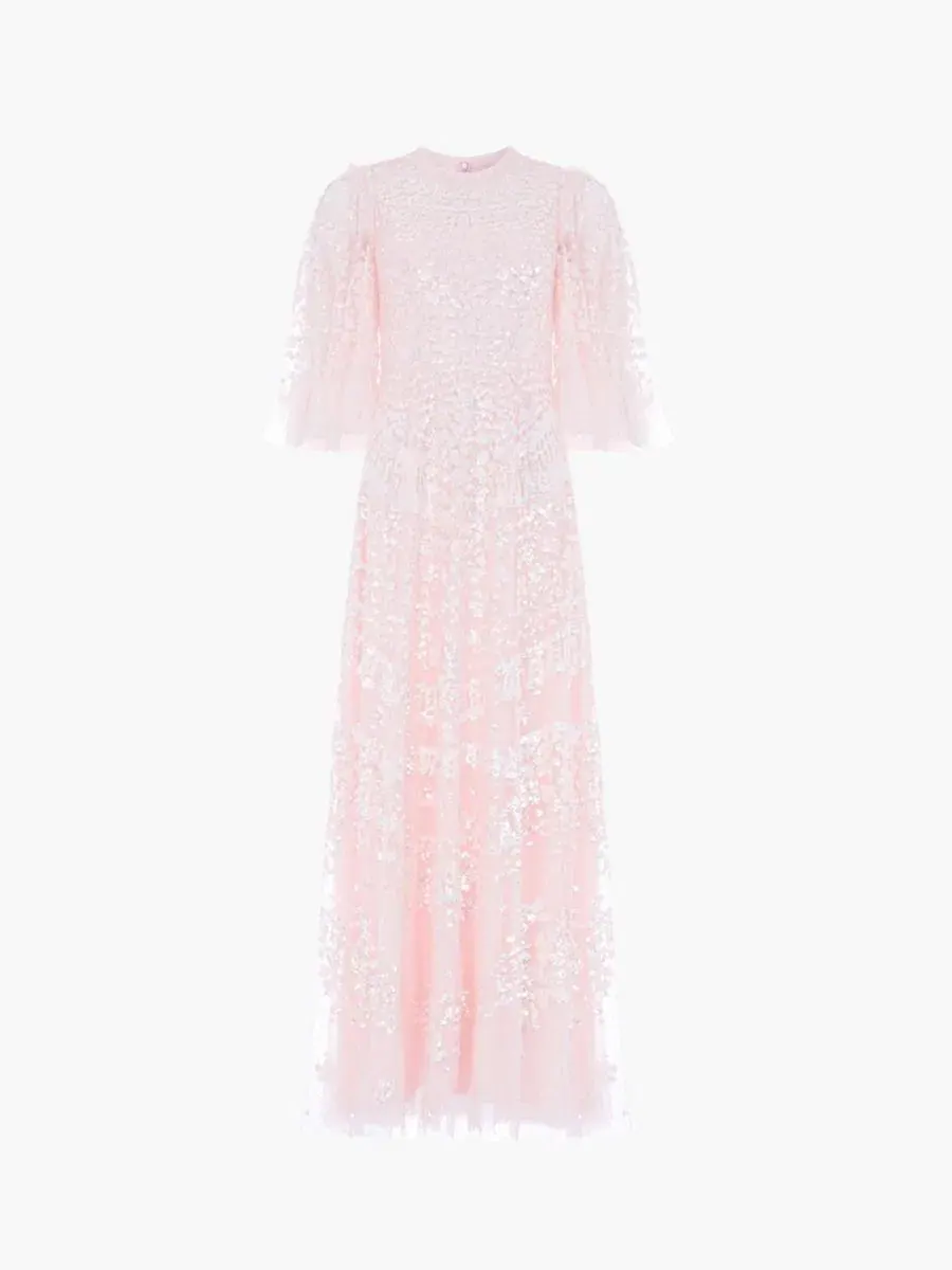 Платье макси с блестками Anais Sequin 3/4 Sleeve Maxi Gown Needle & Thread — изображение 5 из 7, перламутр