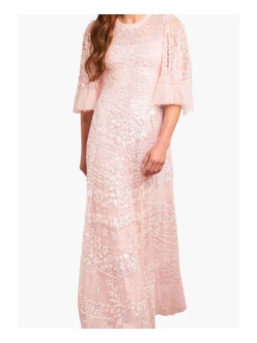 Платье макси с блестками Anais Sequin 3/4 Sleeve Maxi Gown Needle & Thread — изображение 6 из 7, перламутр