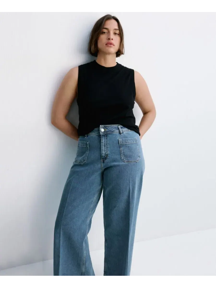 Джинсы с высокой посадкой и широкими штанинами, модель High-Waisted Wide leg Jeans MANGO — изображение 4 из 9, синий