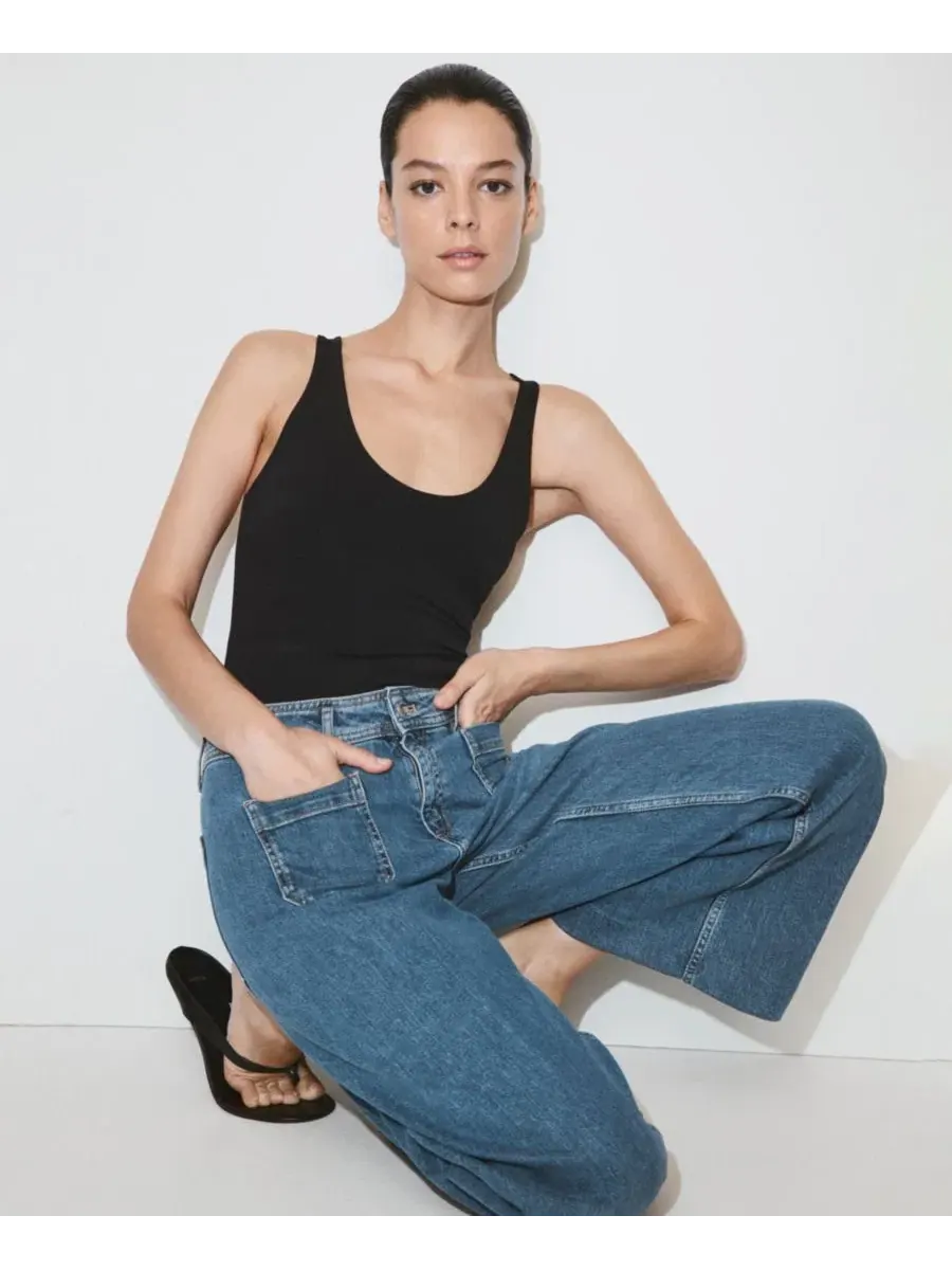 Джинсы с высокой посадкой и широкими штанинами, модель High-Waisted Wide leg Jeans MANGO — изображение 6 из 9, синий