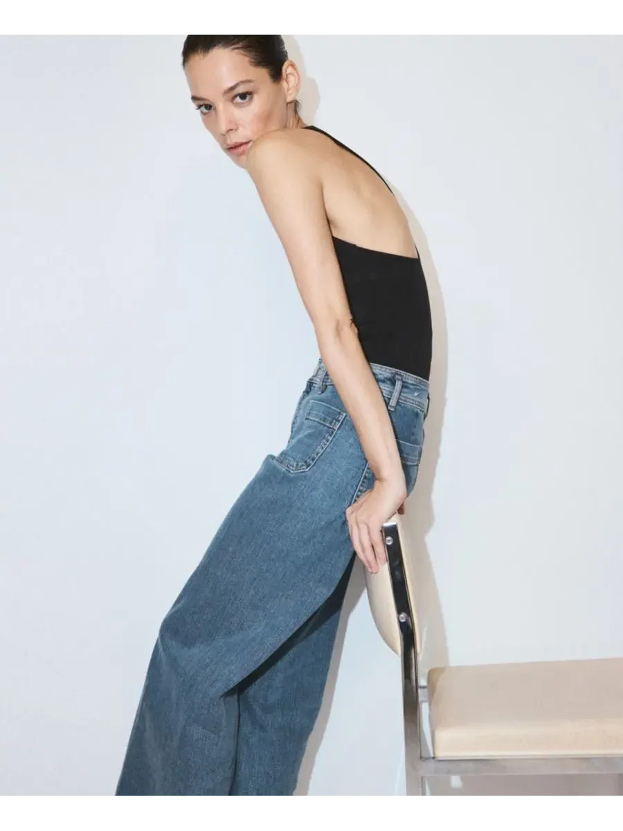 Джинсы с высокой посадкой и широкими штанинами, модель High-Waisted Wide leg Jeans MANGO — изображение 7 из 9, синий