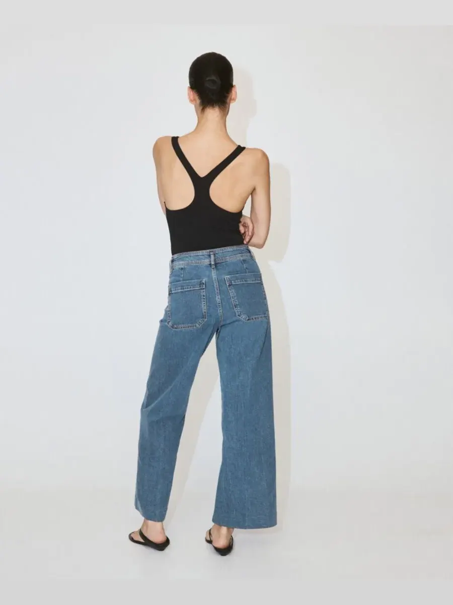 Джинсы с высокой посадкой и широкими штанинами, модель High-Waisted Wide leg Jeans MANGO — изображение 8 из 9, синий
