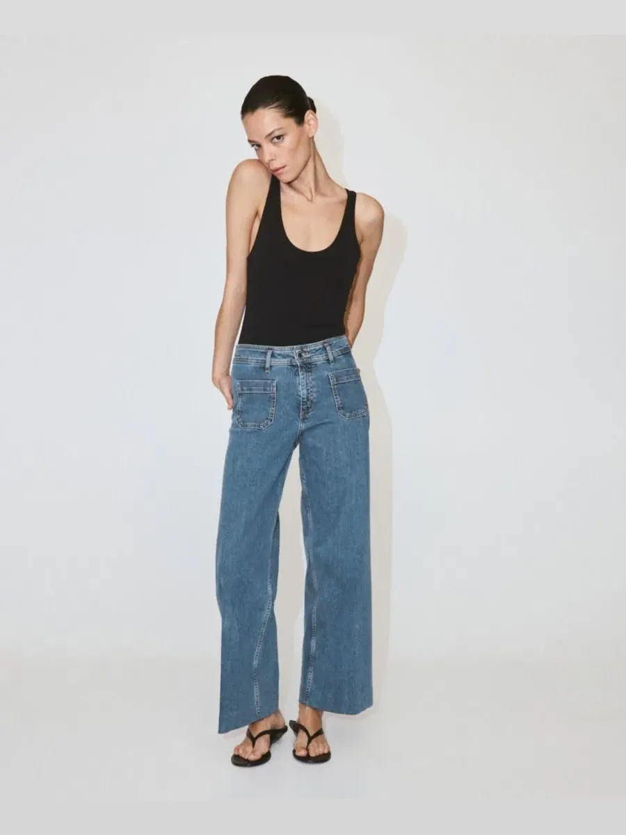 Джинсы с высокой посадкой и широкими штанинами, модель High-Waisted Wide leg Jeans MANGO — изображение 9 из 9, синий