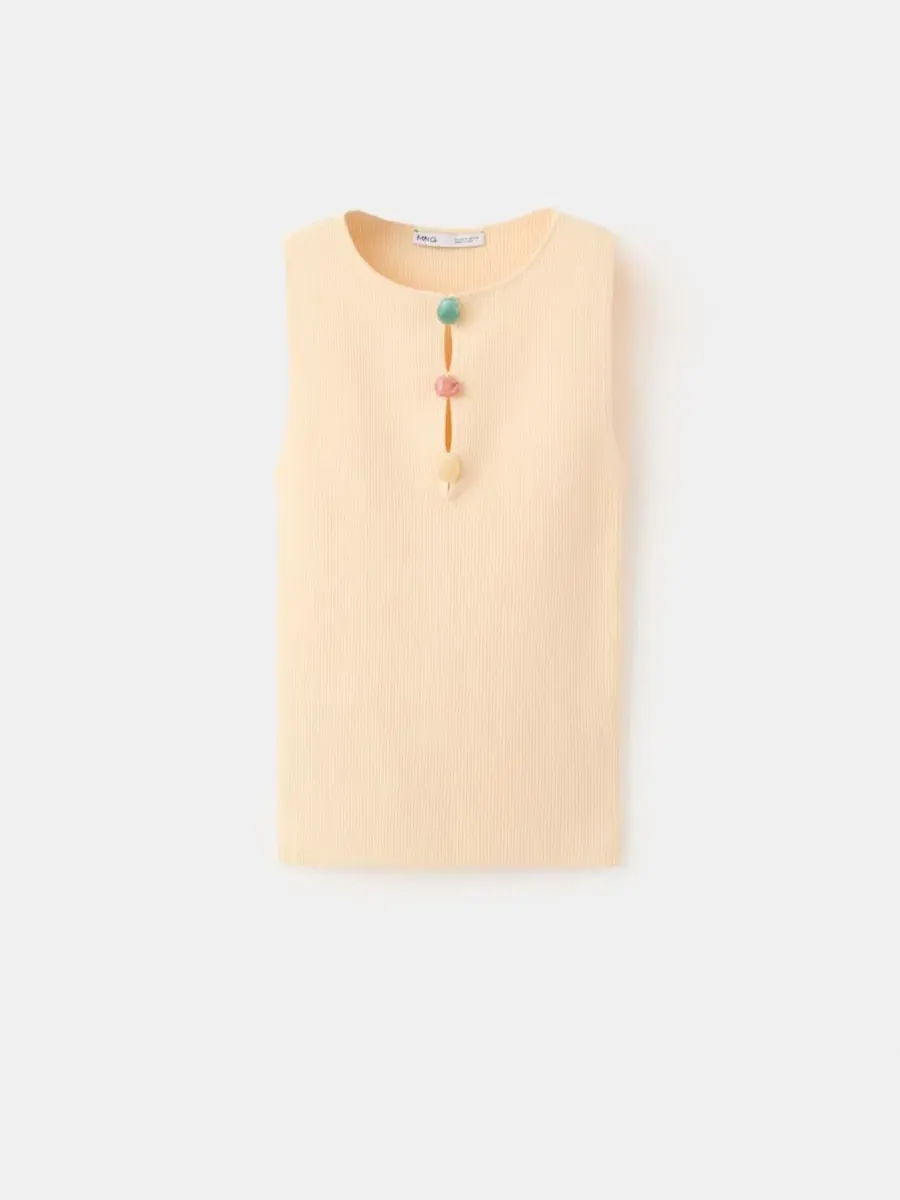 Женский топ с бисером, без рукавов, модель Beads Ribbed Top MANGO — изображение 2 из 6, желтый
