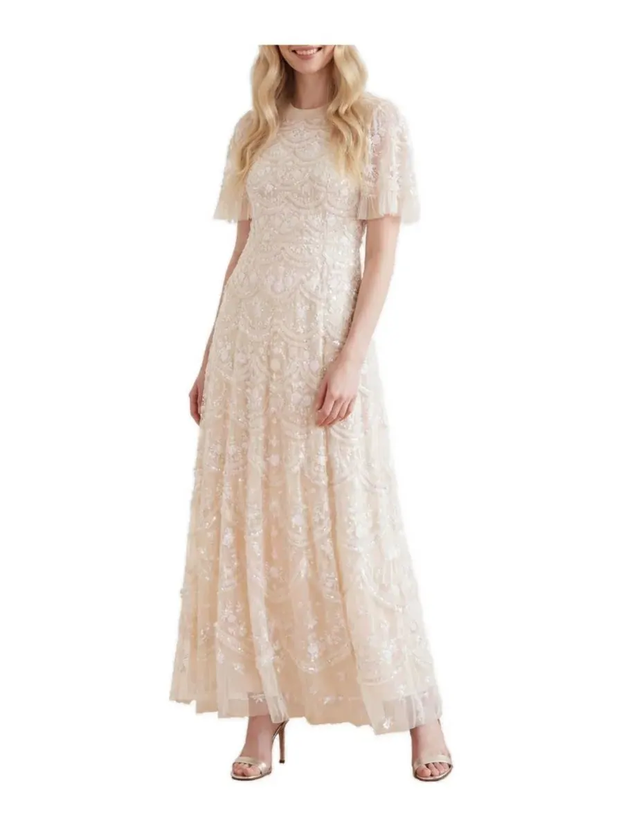 Платье с вышивкой и пайетками Lily Bloom Floral-Print Tiered Sequin Dress Needle & Thread — изображение 1 из 4, бежевый