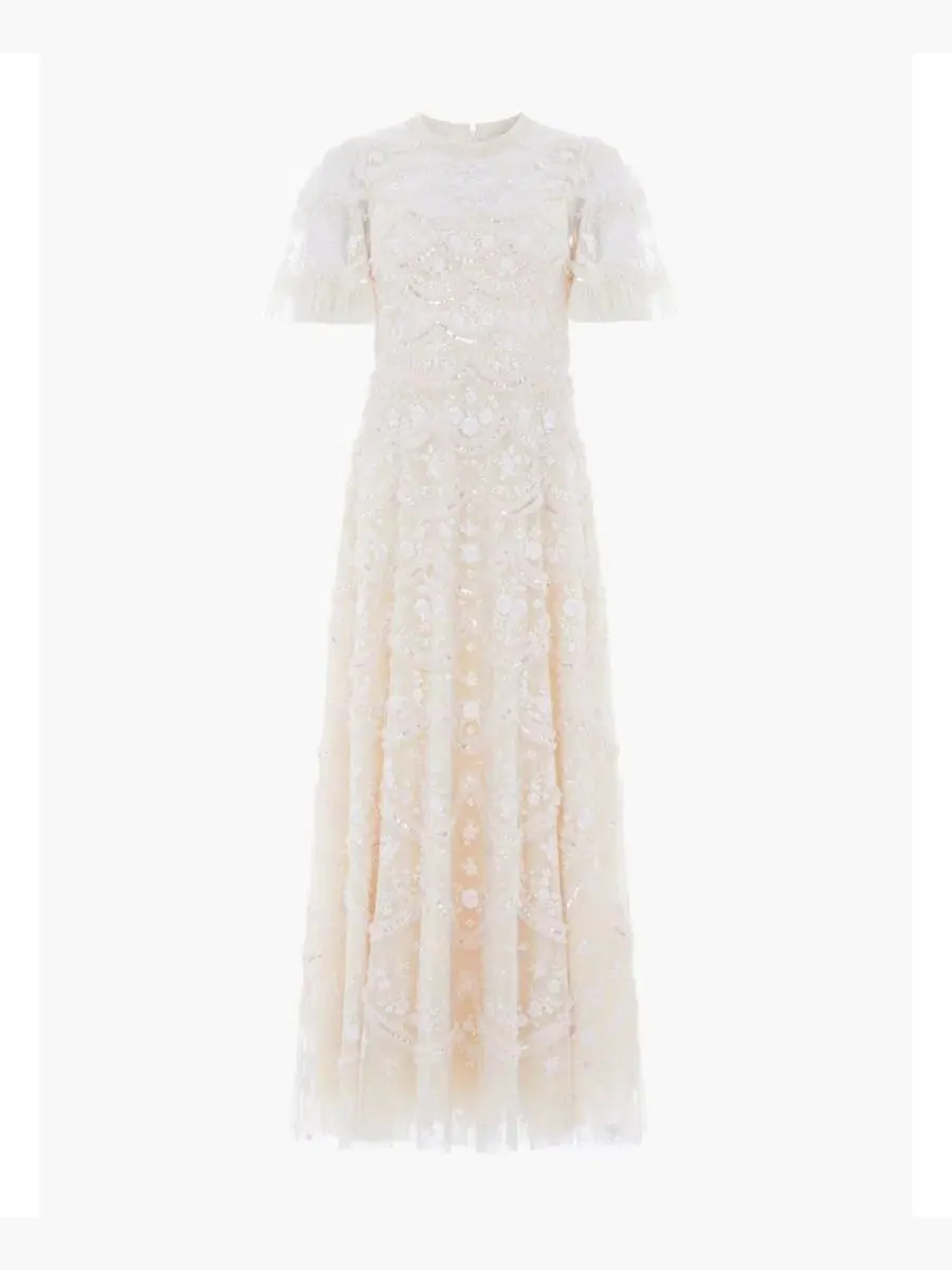 Платье с вышивкой и пайетками Lily Bloom Floral-Print Tiered Sequin Dress Needle & Thread — изображение 4 из 4, бежевый