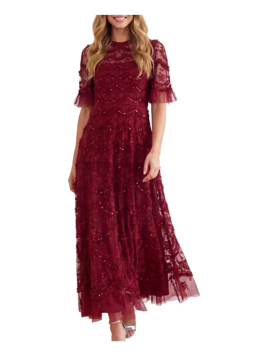 Платье с принтом Lily Bloom Floral, ярусное с пайетками Needle & Thread — красный