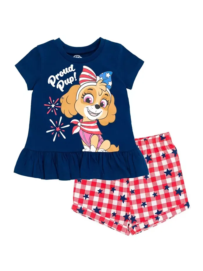 Комплект для девочки: футболка с баской Skye July 4th и шорты из твила Paw Patrol — синий