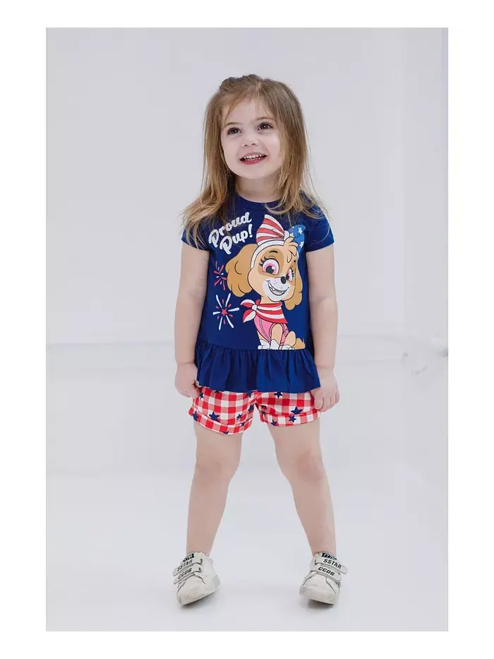 Комплект для девочки: футболка с баской Skye July 4th и шорты из твила Paw Patrol — изображение 2 из 6, красный/белый/синий