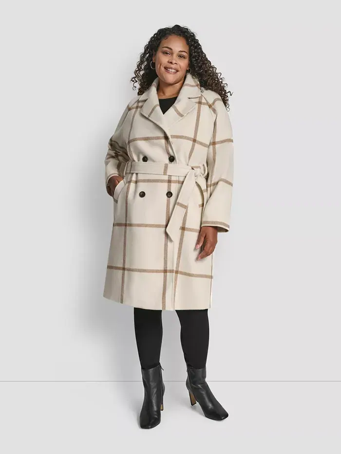 Пальто с поясом и отложным воротником больших размеров Dkny — изображение 1 из 5, слоновая кость/кремовый