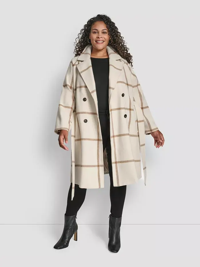 Пальто с поясом и отложным воротником больших размеров Dkny — изображение 4 из 5, слоновая кость/кремовый