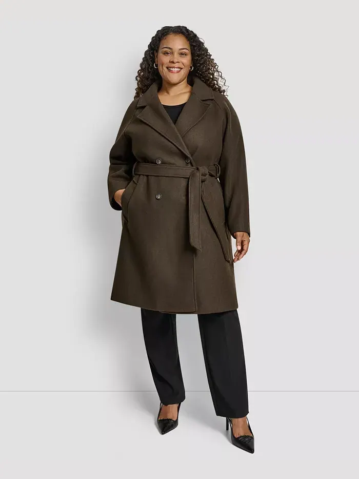 Пальто с поясом и отложным воротником больших размеров Dkny — изображение 1 из 6, коричневый