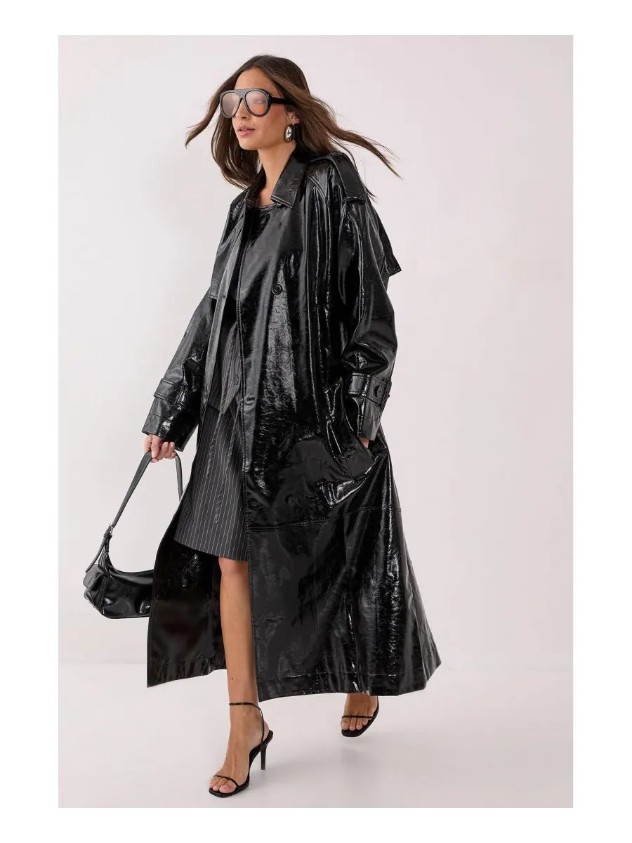 Женский тренч из блестящей искусственной кожи Nasty Gal — изображение 4 из 4, черный
