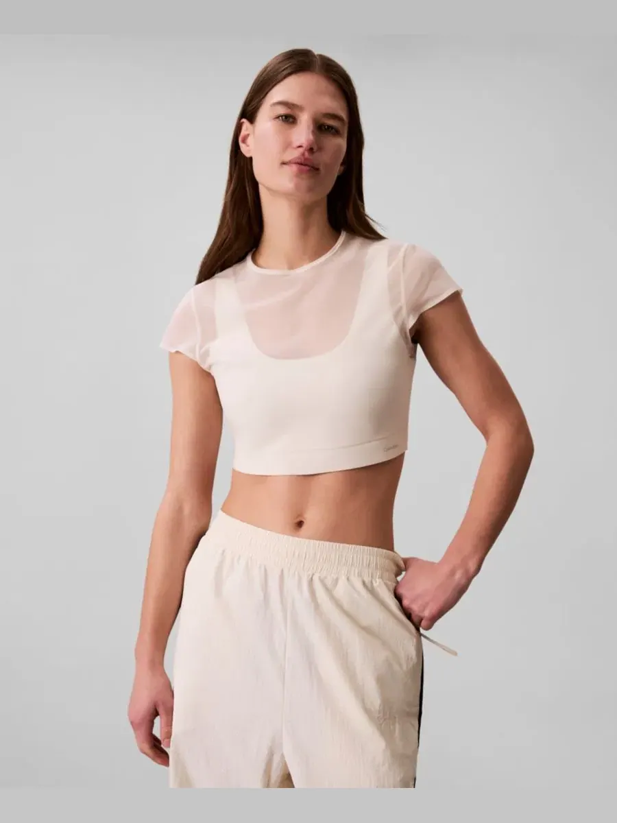 Женский спортивный топ с коротким рукавом, придающий фигуре желаемую форму Calvin Klein Performance — бежевый