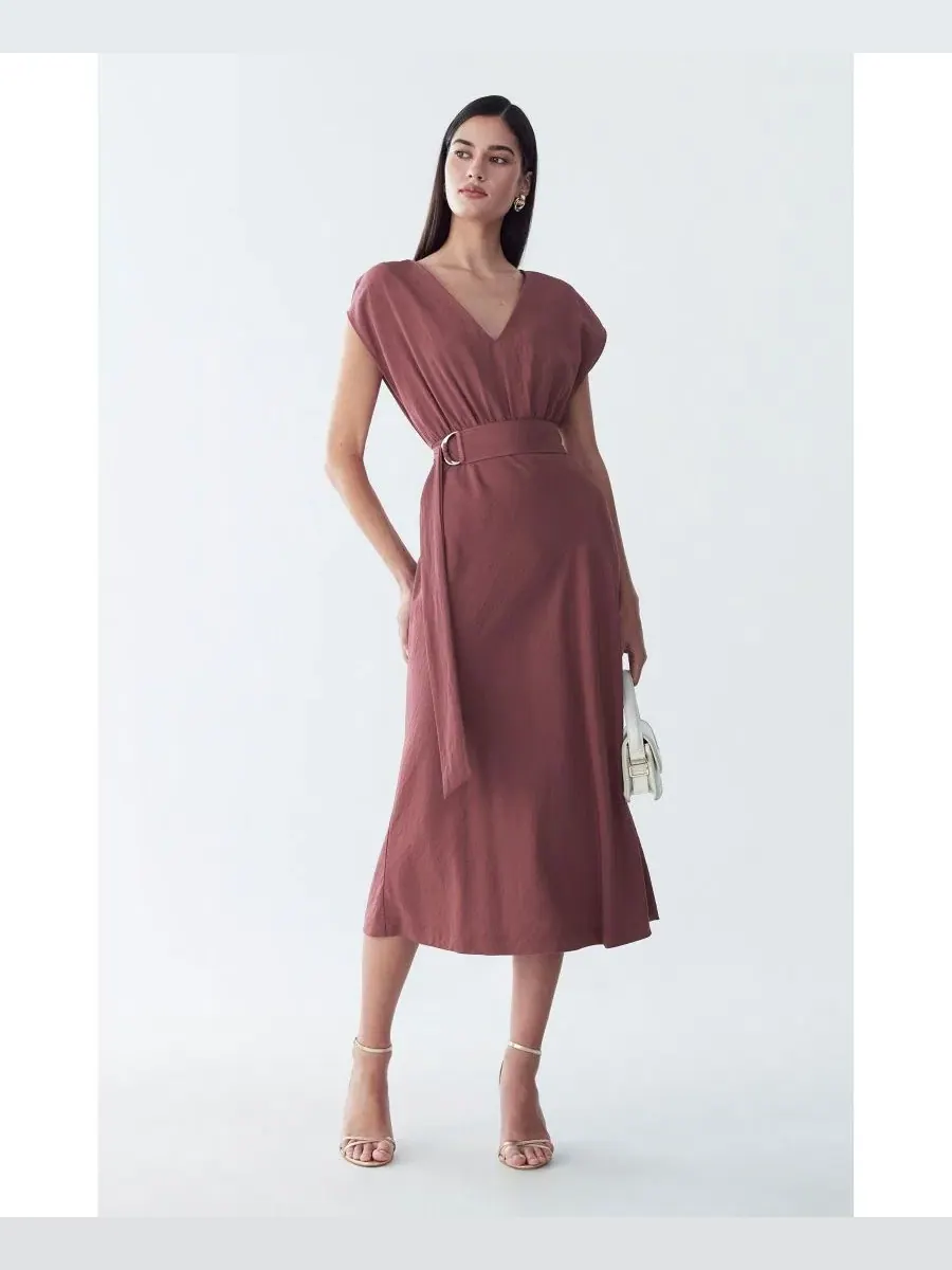 Платье миди с V-образным вырезом Enzy Dress ST MRLO — изображение 6 из 6, розовое дерево