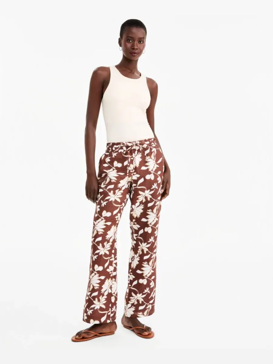 Штаны льняные с широкими штанинами и принтом, модель Petite Floral-Print Wide-Leg Drawstring