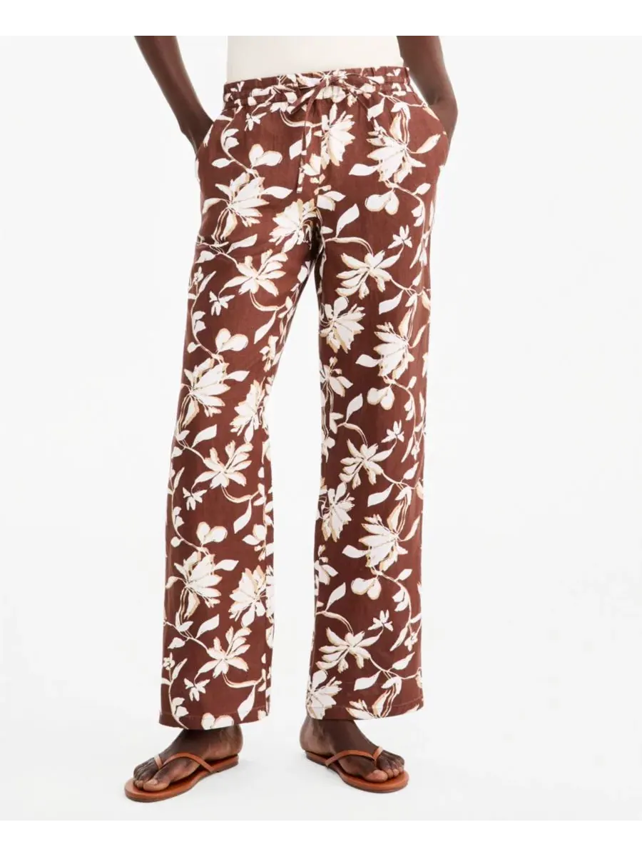 Штаны льняные с широкими штанинами и принтом, модель Petite Floral-Print Wide-Leg Drawstring — изображение 2 из 3, белый