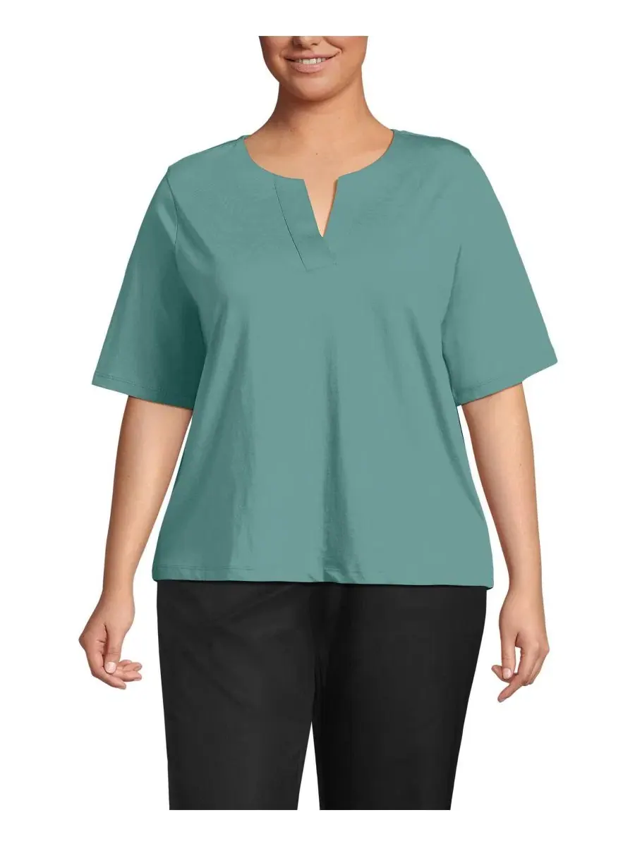 Блузка с разрезом и коротким рукавом Supima Plus Size Lands' End — изображение 1 из 3, серый