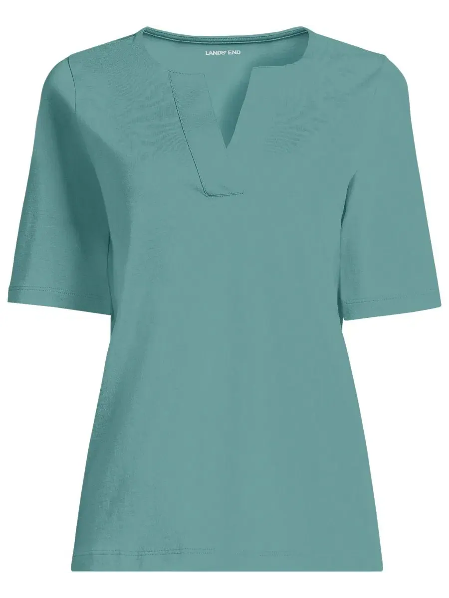 Блузка с разрезом и коротким рукавом Supima Plus Size Lands' End — изображение 3 из 3, серый