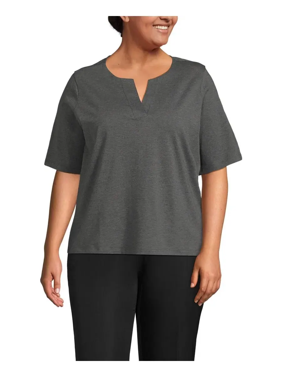 Блуза с разрезом и коротким рукавом из хлопка Supima Plus Size Lands' End — изображение 1 из 3, темно-серый