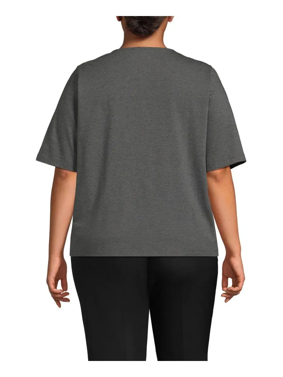 Блуза с разрезом и коротким рукавом из хлопка Supima Plus Size Lands' End — изображение 2 из 3, темно-серый