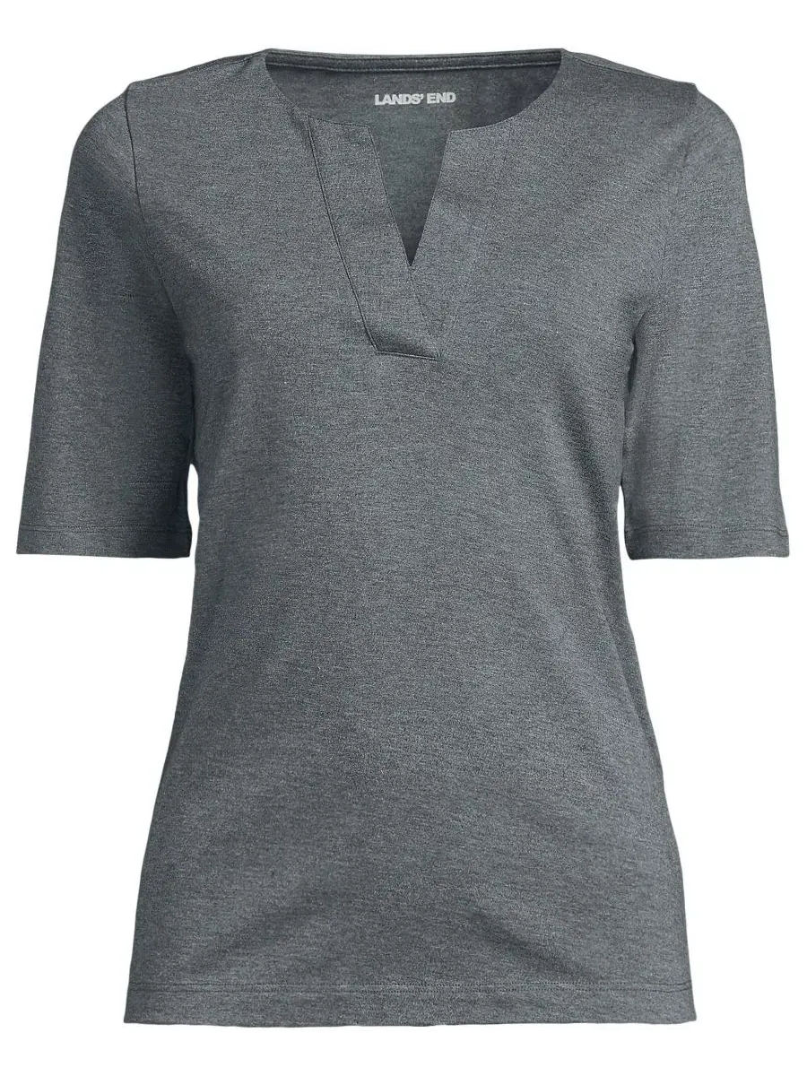 Блуза с разрезом и коротким рукавом из хлопка Supima Plus Size Lands' End — изображение 3 из 3, темно-серый