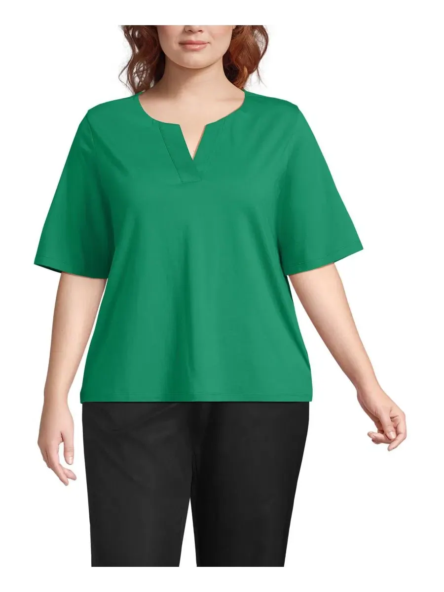 Блузка с разрезом и коротким рукавом из Supima хлопка Lands' End, Vibrant Clover