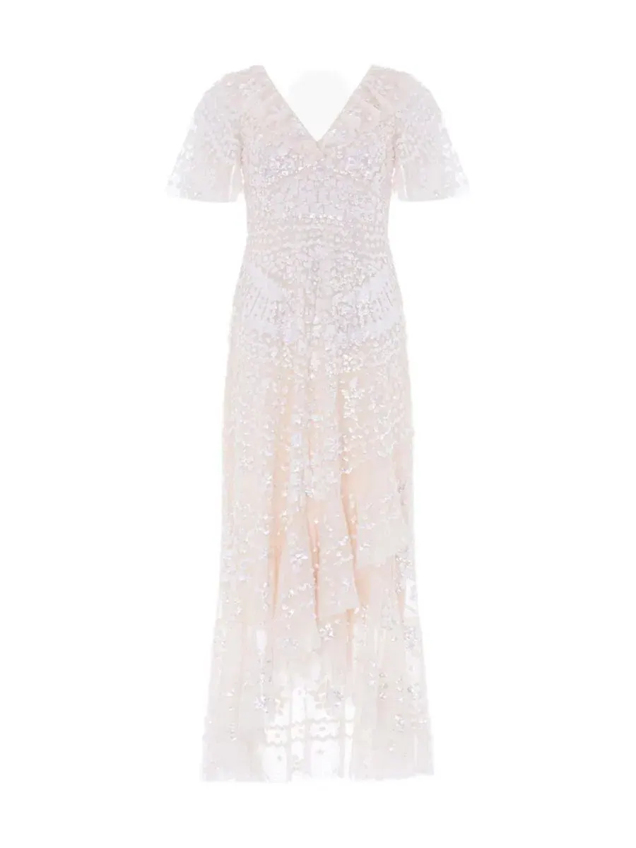 Платье вечернее Anais Sequin Frill Ankle Gown Needle & Thread — изображение 3 из 8, бежевый