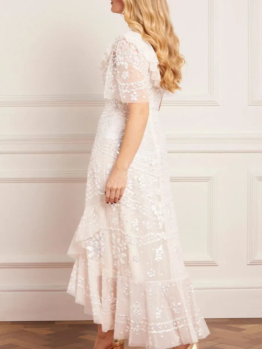 Платье вечернее Anais Sequin Frill Ankle Gown Needle & Thread — изображение 5 из 8, бежевый