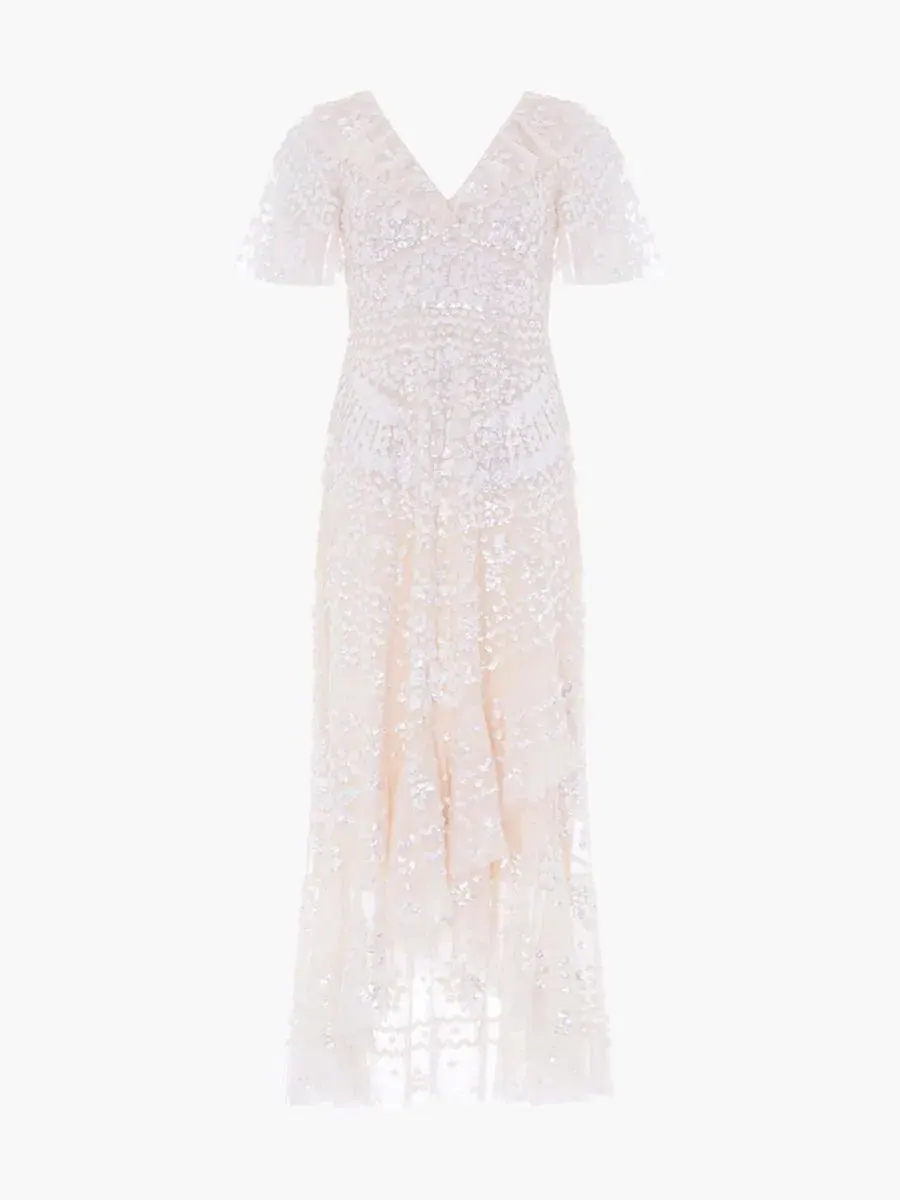 Платье вечернее Anais Sequin Frill Ankle Gown Needle & Thread — изображение 6 из 8, бежевый