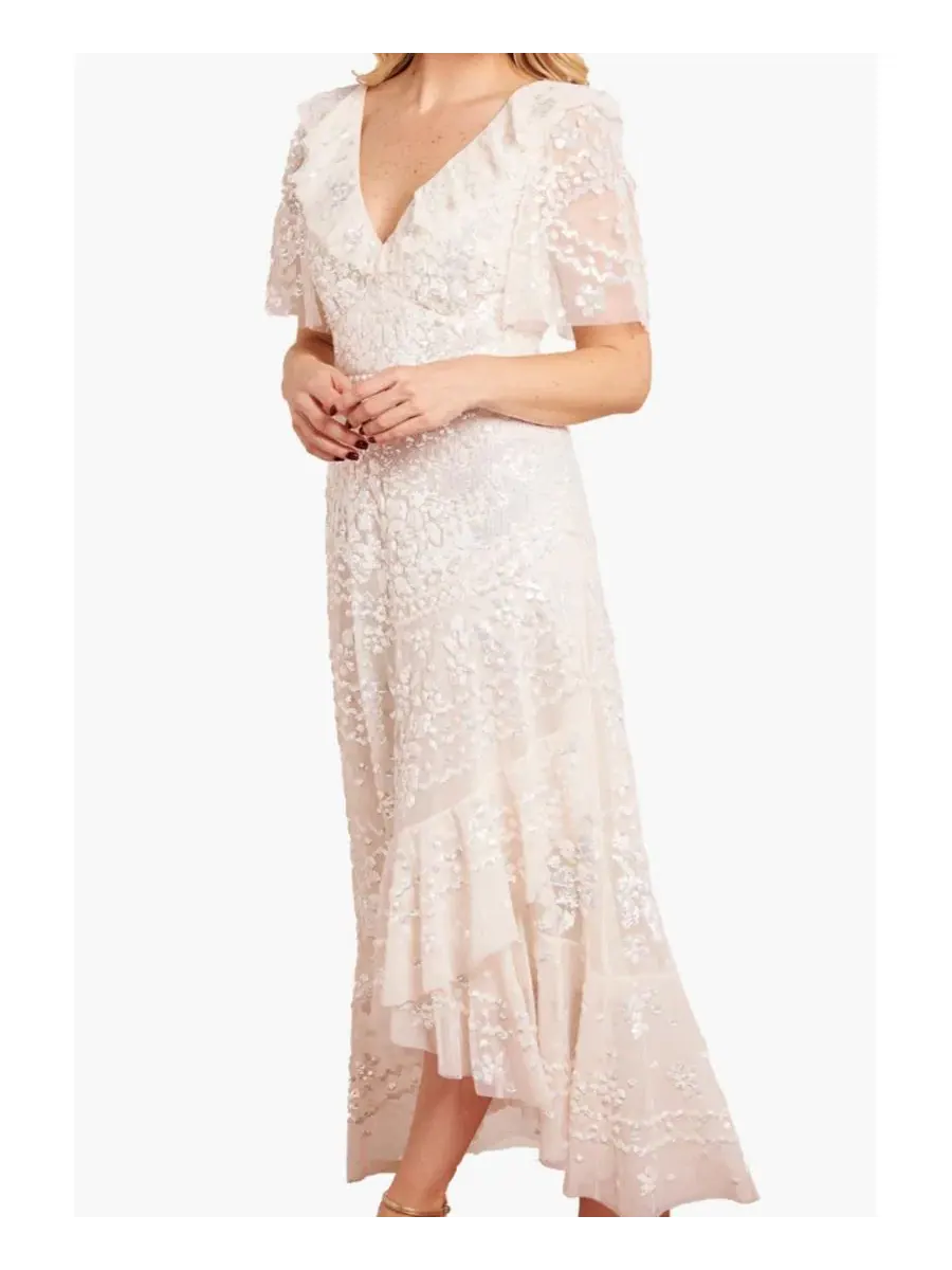 Платье вечернее Anais Sequin Frill Ankle Gown Needle & Thread — изображение 7 из 8, бежевый