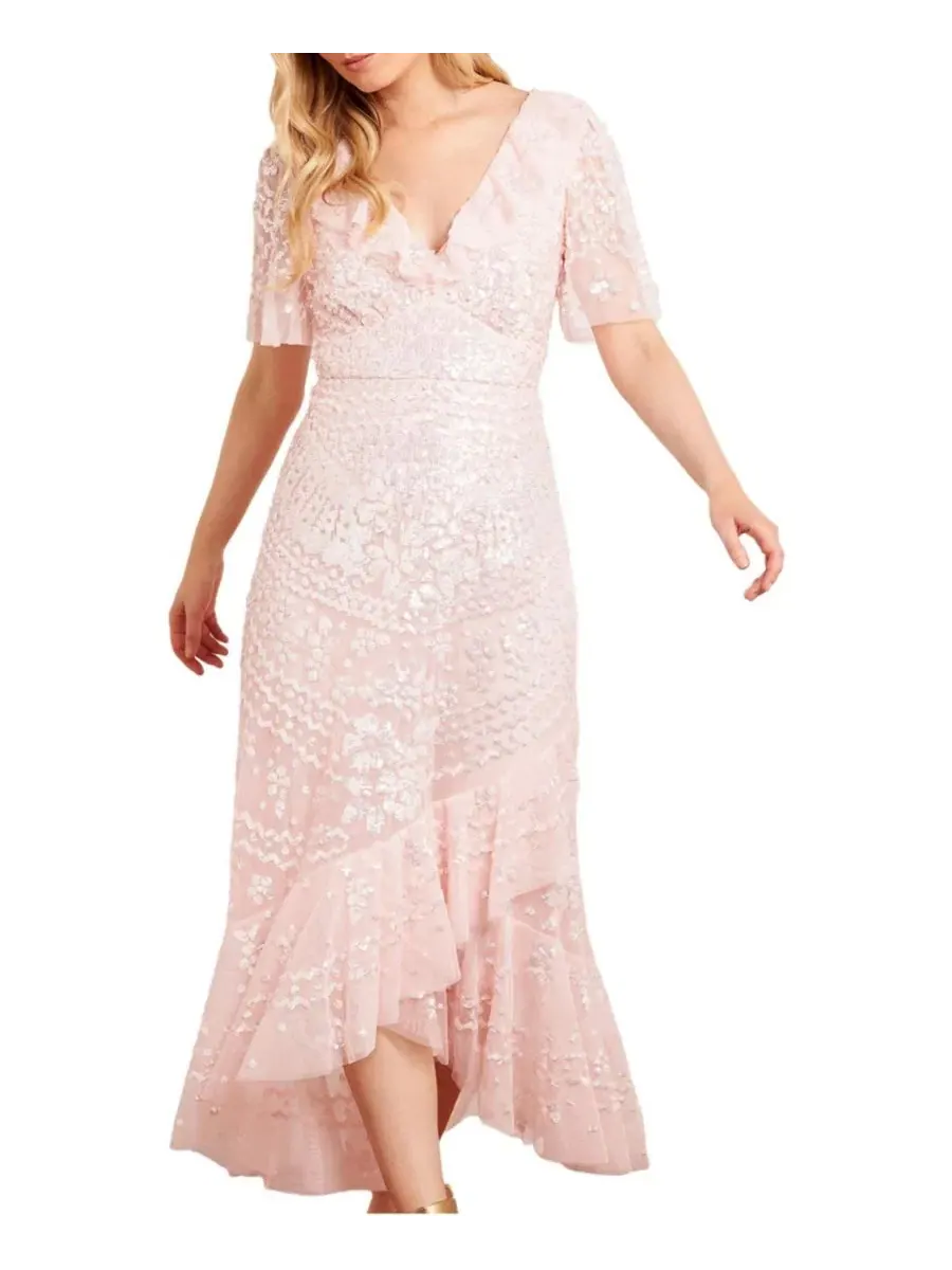 Платье-макси Anais Sequin Frill Ankle Needle & Thread — изображение 1 из 6, перламутр