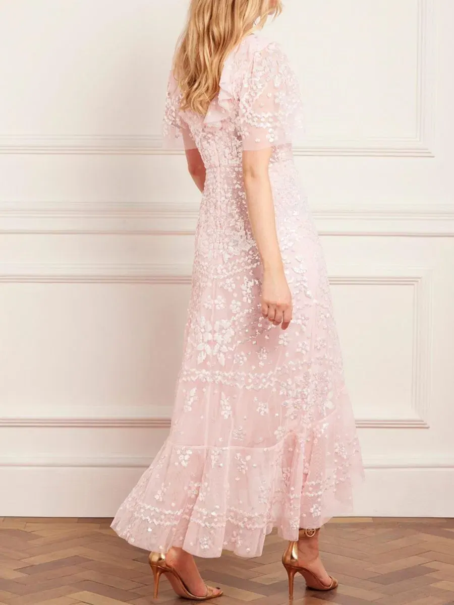 Платье-макси Anais Sequin Frill Ankle Needle & Thread — изображение 5 из 6, перламутр