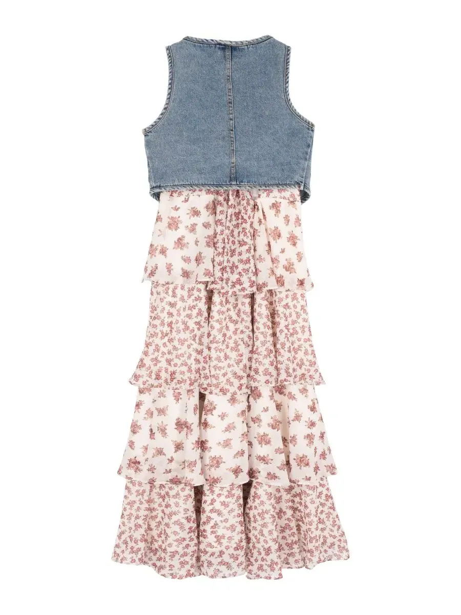 Комплект из платья и джинсового жилета для девочек, с цветочным принтом Rare Editions — изображение 5 из 7, бежевый/синий