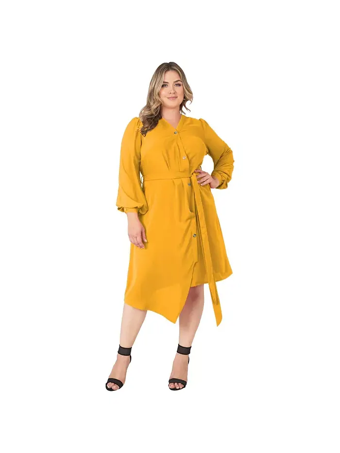 Платье с асимметричным подолом и рукавами-фонариками на пуговицах Plus Size Standards & Practices — желтый