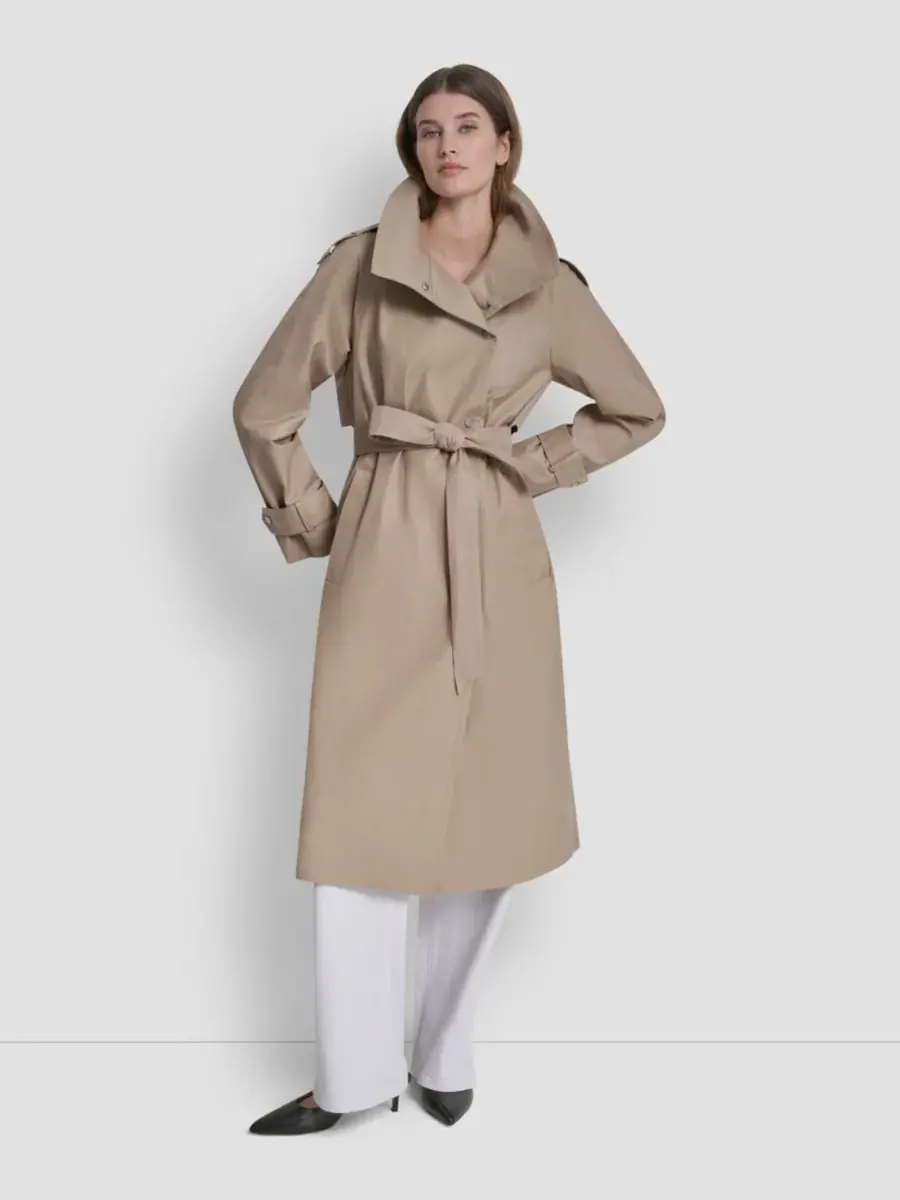 Женский длинный тренч с поясом и воротником-стойкой DKNY — изображение 1 из 5, хаки
