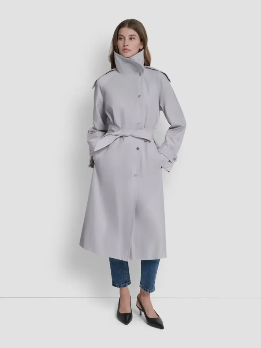 Женский длинный тренч с поясом и воротником-стойкой DKNY