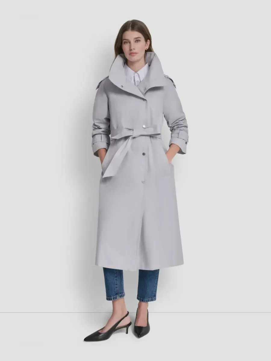 Женский длинный тренч с поясом и воротником-стойкой DKNY — изображение 2 из 6, серый