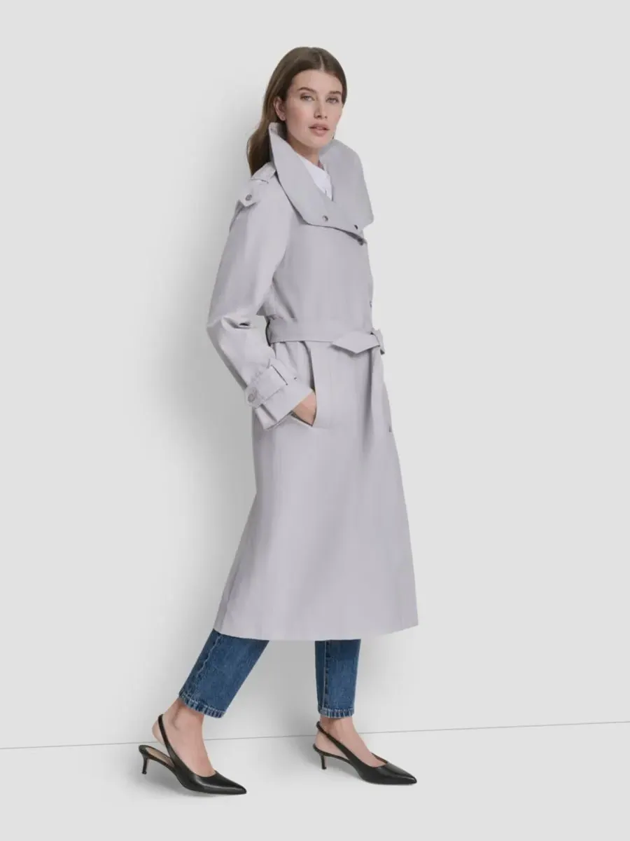 Женский длинный тренч с поясом и воротником-стойкой DKNY — изображение 3 из 6, серый