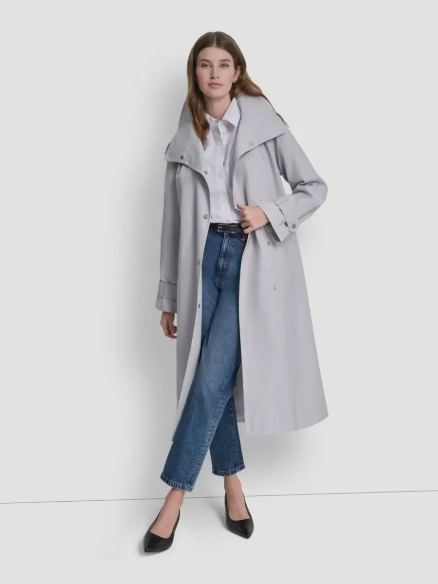 Женский длинный тренч с поясом и воротником-стойкой DKNY — изображение 6 из 6, серый