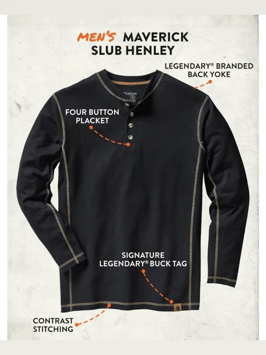 Мужская рубашка-поло Maverick Slub Henley с длинным рукавом Legendary Whitetails — изображение 6 из 8, черный